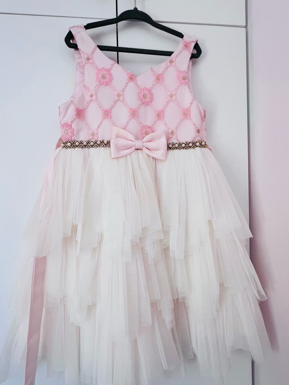 Girls Pink & Cream Tulle Party Dress with Bow